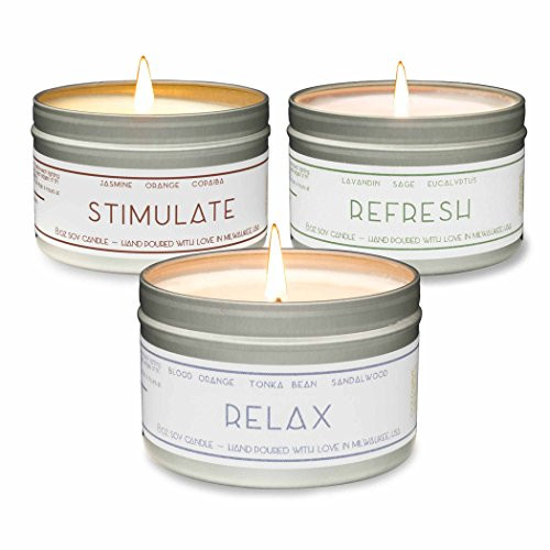 Gold Wave Goods Scented Candles  Relax Blood Orange-Sandalwood  Refresh Eucalyptus  Stimulate Jasmine  Natural Soy Wax Aromatherapy 8 oz Candles  3-Pack  Made in USA