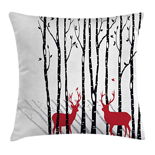 Ambesonne Antlers Throw Pillow Cushion Cover  Deer Tree Forest with Red Holiday Theme Flying Leaves Branch Reindeer  Decorative Square Accent Pillow Case  26  X 26   White Red