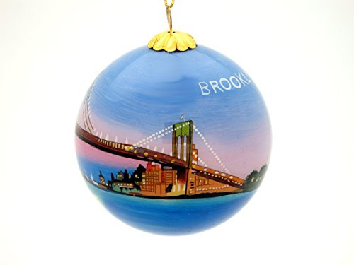 SanAndCo Brooklyn Bridge New York Night View Skyline Glass Ornament - Gift Boxed