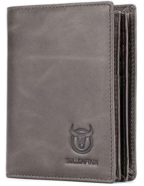 BULLCAPTAIN Genuine Leather Men Wallet RFID Blocking Bifold Wallets ID Window Credit Card Holder Gray