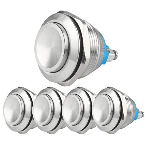 Larcele 22mm Push Button Switch Waterproof Momentary Metal DIY Switch 1No Stainless Steel Shell JSANKG-19 5 PiecesScrew Terminal High Concave Head