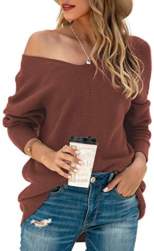 Iandroiy Women s Off Shoulder Loose Pullover Sweater Batwing Sleeve Knit Jumper Oversized Tunics Top Medium Mauve