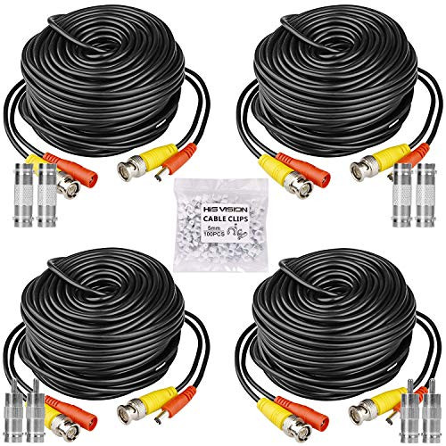 HISVISION 4 Pack 100ft BNC Video Power Cable Security Camera Wire Cord Extension Cable with 8pcs BNC Connectors and 100pcs Cable Clips for CCTV DVR Surveillance System-