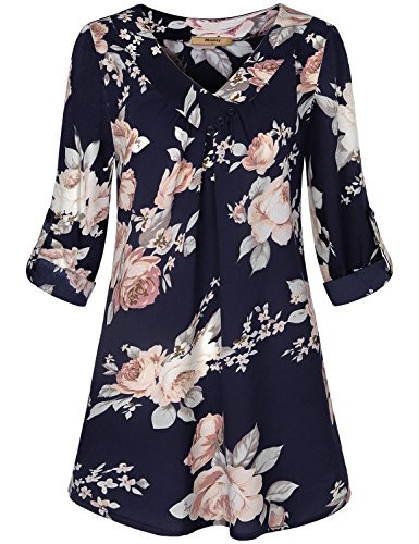 Cuffed Sleeve Shirt Miusey Womens Chiffon Office Blouses Roll up V Neck Flowy Tops Long SleeveTee Girls Fashion Layered Comfy Silk Casual Long Floral Printed Boho Beach Tunic for Fall Blue Flower XXL