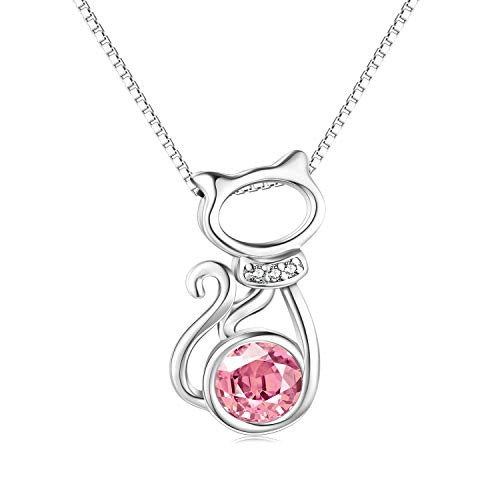 Sterling Silver Cat Necklace with Pink Swarovski Crystal Kitty Pendant October Birthstone Jewelry Gifts for Her Cat Lovers Girlfriend Daughter Sterling Silver Cat Necklace with Pink Swarovski Crystal Kitty Pendant October Birthstone Jewelry Gifts for Her Cat Lovers Girlfriend Daughter