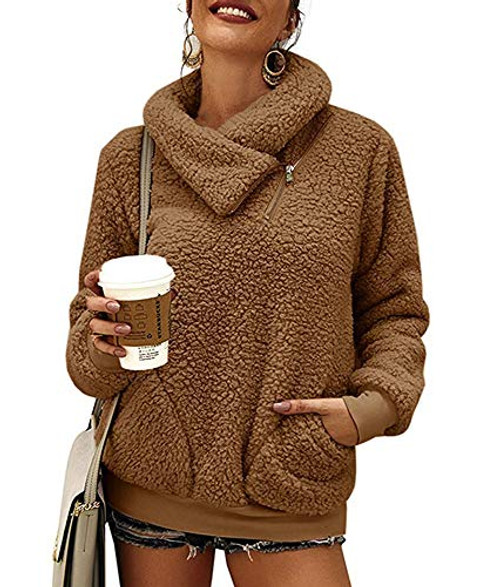 Klousilover Womens Sherpa Sweatshirt Pullover Fleece Fuzzy Sweater Winter Lapel Oblique Zipper Pocket Jacket Brown Klousilover Womens Sherpa Sweatshirt Pullover Fleece Fuzzy Sweater Winter Lapel Oblique Zipper Pocket Jacket Brown