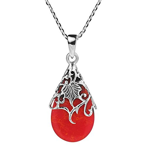 Reconstructed Red Coral Vintage Floral Vine Adorned Teardrop -925 Sterling Silver Pendant Necklace Reconstructed Red Coral Vintage Floral Vine Adorned Teardrop -925 Sterling Silver Pendant Necklace