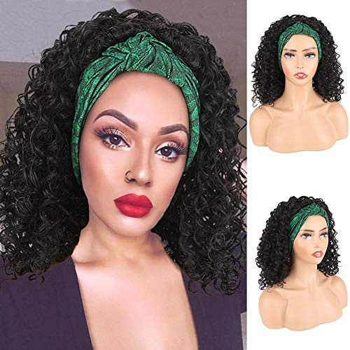 Aisaide Curly Wigs for Black Women Headband Wig Wrap Wig 2 in 1 Deep Curly Wig with Headband Attached Synthetic Afro Short Black Curly Wigs Headwrap Wig Drawstring Afro Full Wig Kinky Curly Turban Wig
