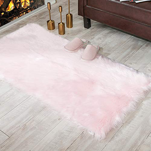 Carvapet Shaggy Soft Faux Sheepskin Fur Area Rugs Floor Mat Luxury Beside Carpet for Bedroom Living Room 2ft x 4ft  Pink