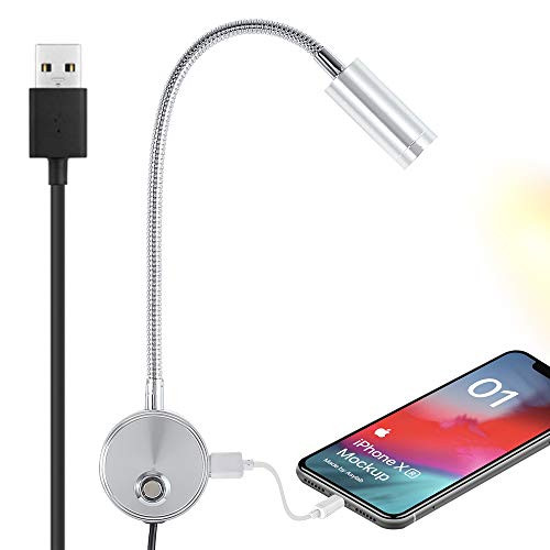 Bedside Reading Wall Light with USB Charging Port  LED Dimmable Wall Mounted Lamp  Flexible Wall Sconce  Brushed Nickel Finished  Adapter Not Included3W Warm White