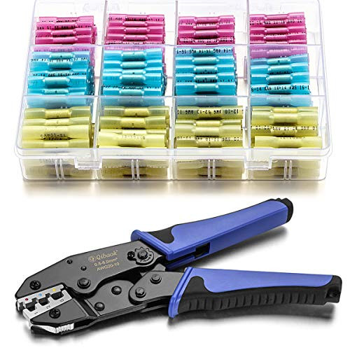 Qibaok Crimping Tool Ratcheting Wire Crimper for Heat Shrink Connectors with 200pcs Heat Shrink Butt Connectors for AWG 20-10