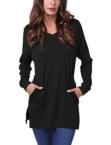 DJT FASHION Womens Long Sleeve Side Split Loose Casual Pullover Tunic M Black