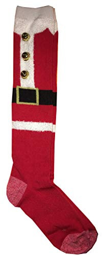 Christmas Holiday Novelty Knee High Sock, Crew Socks, Over the Knee High or Toe Socks for Teens, Tweens, Adults (Santa Claus Knee Highs with Jingle Bell Buttons)
