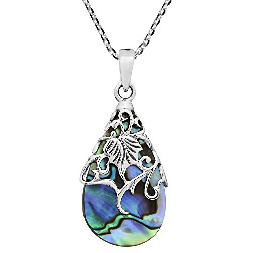 Vintage Floral Vine Adorned Teardrop Abalone Shell -925 Sterling Silver Pendant Necklace Vintage Floral Vine Adorned Teardrop Abalone Shell -925 Sterling Silver Pendant Necklace
