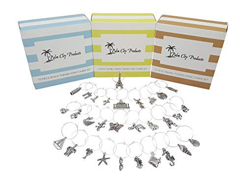 30 Piece Wine Charm Set with Beach, Animal, and Travel Themed Gift Sets 30 Piece Wine Charm Set with Beach, Animal, and Travel Themed Gift Sets