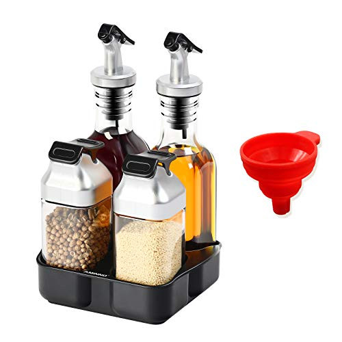 AMINNO Oil Vinegar Cruets Dispenser Set with Pepper Shakers  2pc 6oz Glass Oil Bottles - Drip Free Pourer  and with Funnel  2pc 3oz Glass Pepper Salt Shakers  Set of 4 in stand