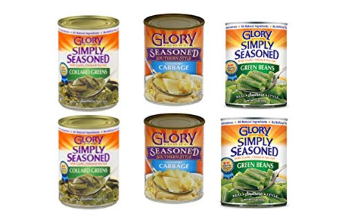 Glory Foods Variety Pack  2 Simply Seasoned Collard Greens  2 Seasoned Country Cabbage 2 Simply Seasoned Green Beans  each can is 14-5 oz 6 Piece Bundle