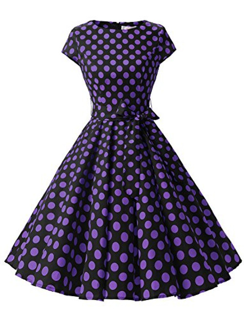 Dressystar 1956 Women Vintage Cocktail Dress 1950s Retro Rockabilly Prom Dresses Cap-Sleeve BlackPurpleDot B XL