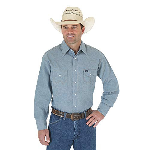 Wrangler Men s Authentic Cowboy Cut Work Western Long-Sleeve Firm Finish Shirt  Chambray Blue  Medium