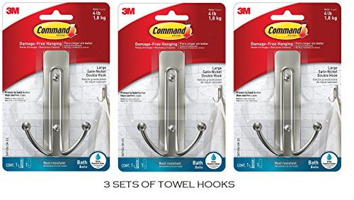 Command 635665216345 BATH36-SN-ES Double Bath, Satin Nickel, 1-Hook, 1-Large Water-Resistant Strip (3 Per Set), 3-Pack