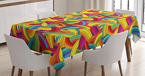 Ambesonne Abstract Tablecloth  Colorful Rainbow Inspired Wheels Entangled Spiral Waves Curves in Cartoon Style  Rectangular Table Cover for Dining Room Kitchen Decor  52  X 70   Yellow Green