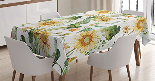 Ambesonne Sunflower Tablecloth  Sunflower and Corn Pattern Agriculture Rural Plants Nature Closeup Classic Design  Rectangular Table Cover for Dining Room Kitchen Decor  52  X 70   Green Yellow