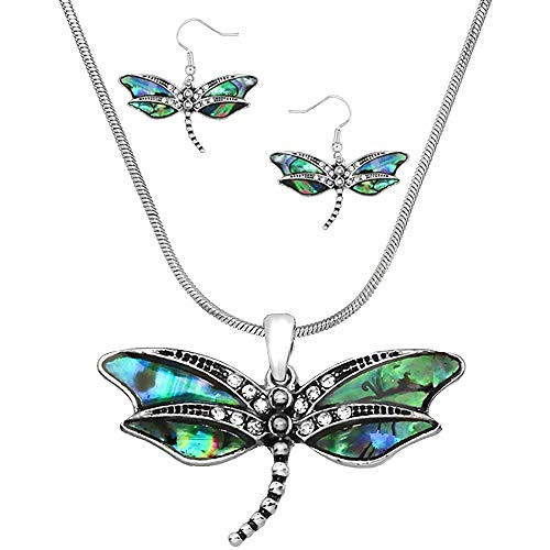 Lola Bella Gifts Abalone Dragonfly Necklace and Earrings Set with Gift Box