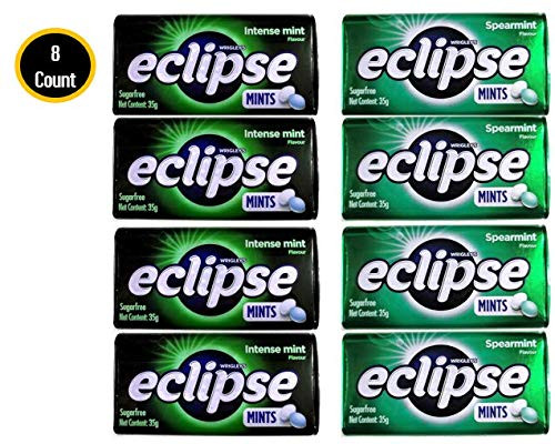 Pack of 8 Eclipse Sugarfree Mint Candy - Breath Freshener - 1-2 oz per Tin - 50 Mints per Tin 4X Spearmint and 4X Intense Mint Pack of 8 Eclipse Sugarfree Mint Candy - Breath Freshener - 1-2 oz per Tin - 50 Mints per Tin 4X Spearmint and 4X Intense Mint