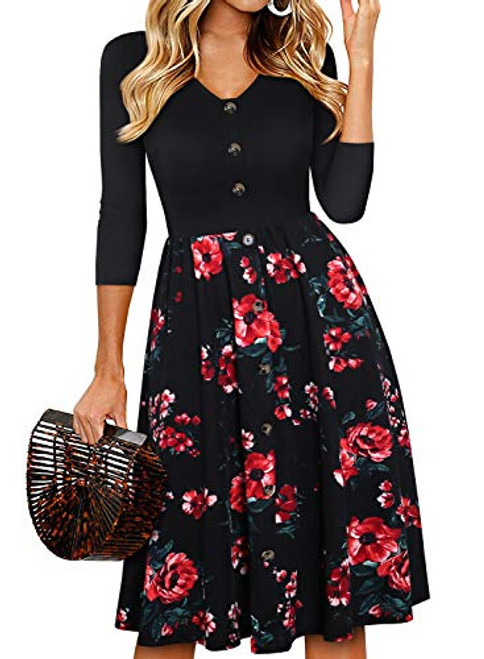 YATHON Women Dresses for Church Elegant Black Floral Print V-Neck Fall Pleated Button Down Wedding Guest Swing A-Line Office Work Dress for Women Casual Party L  YT035-Black Flo 02-3-4 YATHON Women Dresses for Church Elegant Black Floral Print V-Neck Fall Pleated Button Down Wedding Guest Swing A-Line Office Work Dress for Women Casual Party L  YT035-Black Flo 02-3-4