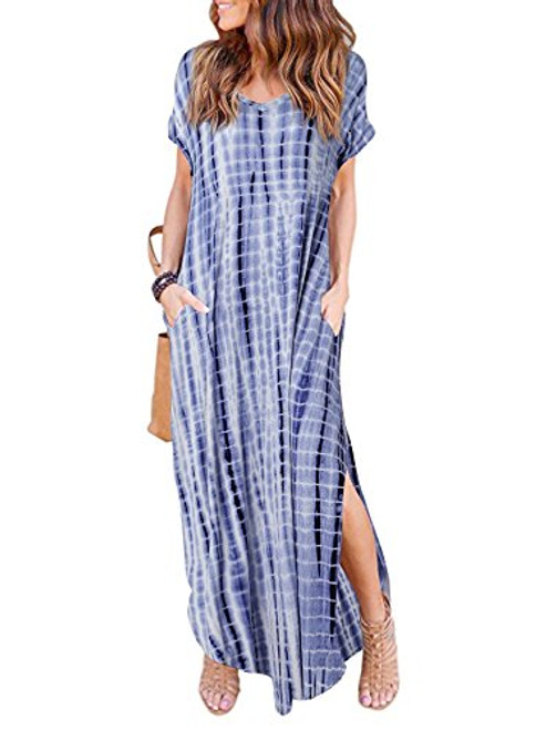 HUSKARY Womens Casual Pocket Beach Long Dress Short Sleeve Split Loose Maxi Dress Tie-Dye XX-Large HUSKARY Womens Casual Pocket Beach Long Dress Short Sleeve Split Loose Maxi Dress Tie-Dye XX-Large