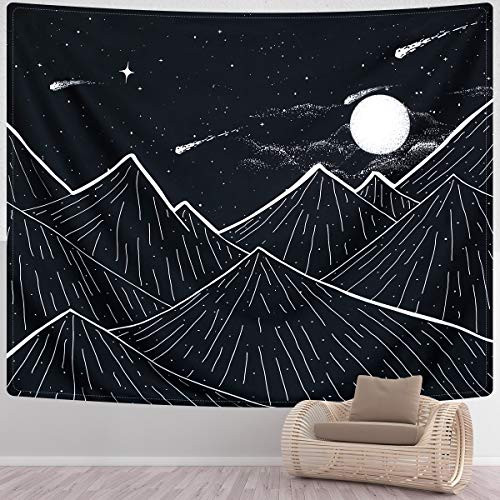 SENYYI Mountain Tapestry Wall Hanging Black and White Art Tapestry Moon Stars Tapestry Starry Night Sky Home Decor for Room 70-9 x 92-5 inches
