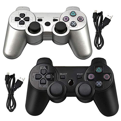 Tidoom PS3 Controller Wireless Playstation 3 Controller Bluetooth Joystick Gamepad Compatible for PS3 Remote Controller with Cables Silver and Black 2 Pack