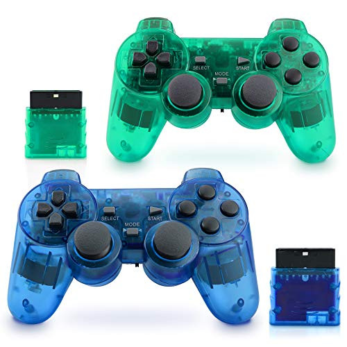 Apzia Wireless PS2 Controller  Dual Shock Gamepad Remote for Sony PS2-Playstation 2 Green   Blue