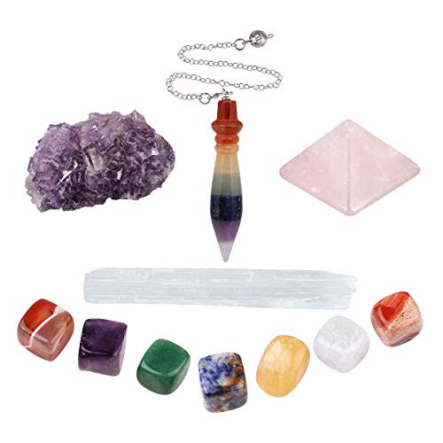 rockcloud Healing Crystals Gift Kit in Gift Box - 7 Chakra Set Tumbled Stones  Fluorite Cluster  Selenite Stick  Rose Quartz Pyramid  Chakra Pendulum for Meditation