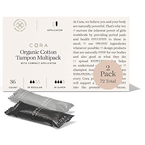 Cora Organic Cotton Tampons with BPA-Free Plastic Compact Applicator  Chlorine   Toxin Free - Variety Pack - Regular-Super 72