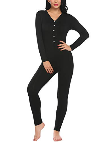 Ekouaer Womens One Piece Pajama Union Suit Sleepwear Pajama Jumpsuit Union Black Medium