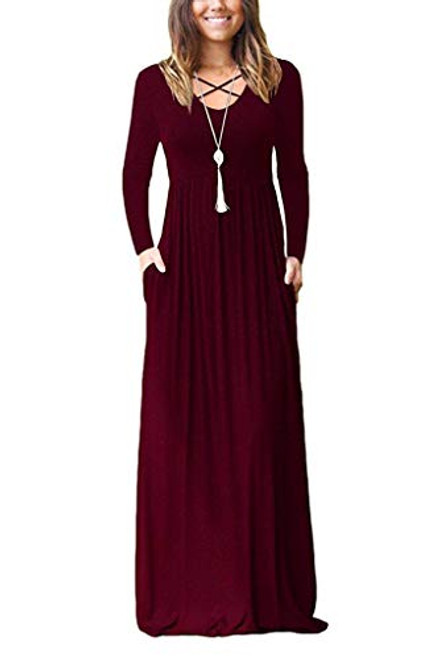 LILBETTER Women s Long Sleeve Casual Loose Pocket Maxi Party Long Dresses Wine Red  X-Large