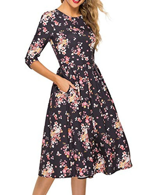 Simple Flavor Women s Floral Vintage Dress Elegant Midi Evening Dress 3-4 Sleeves XH0360Black  Small