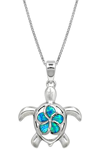 Honolulu Jewelry Company Sterling Silver Turtle Necklace Pendant with Simulated Blue Opal Flower 18  Box Chain