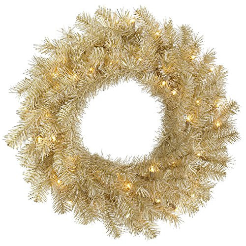 Vickerman Pre-Lit Tinsel Wreath with 50 Clear Mini Dura-Lit Lights, 24-Inch, White Gold
