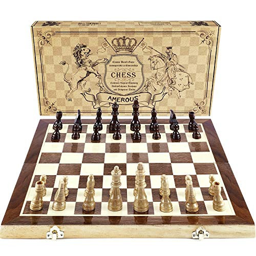 AMEROUS Chess Set  15 x15  Folding Magnetic Wooden Standard Chess Game Board Set with Wooden Crafted Pieces and Chessmen Storage Slots