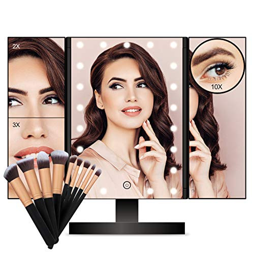FASCINATE Lighted Makeup Mirror  Trifold Vanity Mirror with 21 LED Lights and 2X-3X -10X Magnification  Touch Screen Dimming  Dual Power Supply  180° Rotation Light Up Mirror BlackBrush