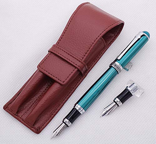 Duke D2 Green Fountain Pen in Medium Nib   1PC Calligraphy Fude-Bent Nib with Brown Leather Pen Case Interchangeable Writing Gift Set