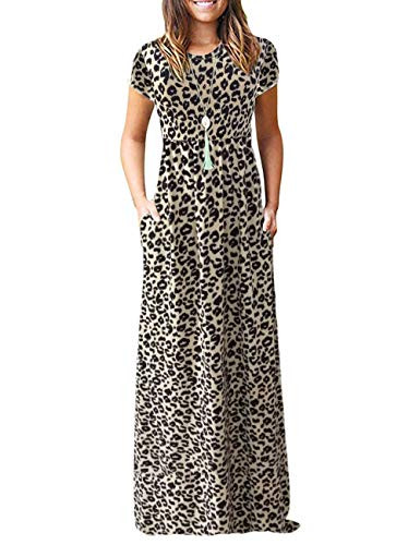 AUSELILY Women Short Sleeve Loose Plain Casual Long Maxi Dresses with Pockets L  Leopard