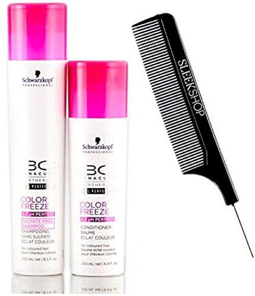 Schwarzkopf BC Bonacure COLOR FREEZE Sulfate-Free SHAMPOO CONDITIONER Duo SET for overprocessed or colored hair with Sleek Steel Pin Tail Comb 8-5 oz-6-8 oz DUO KIT Schwarzkopf BC Bonacure COLOR FREEZE Sulfate-Free SHAMPOO CONDITIONER Duo SET for overprocessed or colored hair with Sleek Steel Pin Tail Comb 8-5 oz-6-8 oz DUO KIT