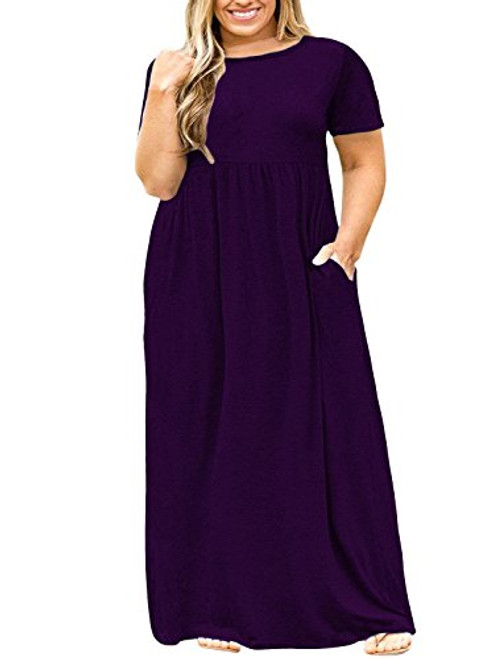 Nemidor Women Short Sleeve Loose Plain Casual Plus Size Long Maxi Dress with Pockets Purple  18W