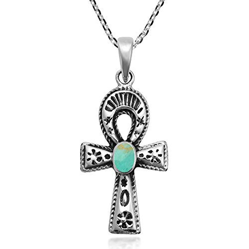 AeraVida Eternal Life Egyptian Ankh Simulated Turquoise Inlay -925 Sterling Silver Necklace