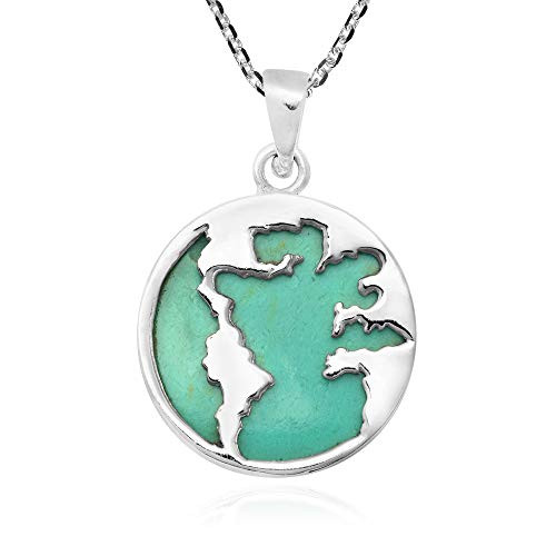 AeraVida Stunning World Map Over Simulated Green Turquoise -925 Sterling Silver Pendant Necklace