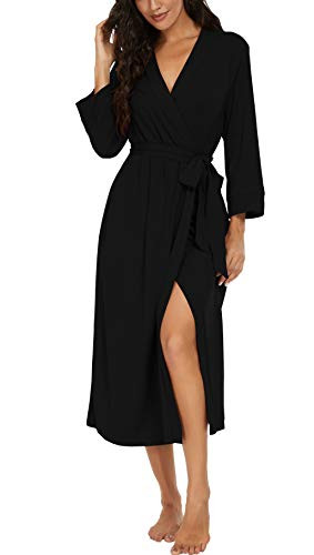 VINTATRE Women Kimono Robes Long Knit Bathrobe Lightweight Soft Knit Sleepwear V-neck Casual Ladies Loungewear Black-Medium