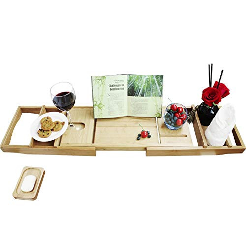 Premium Bamboo Bathtub Tray Caddy - Wood Bath Tray Expandable with Book and Wine Holder - Gift Idea for Loved Ones